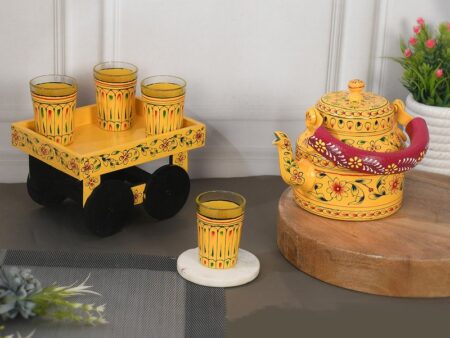 HandPainted Alluminium  Tea Kettle with Four Glasses and Wooden Tray For Home Décor , Tea Party , Serving