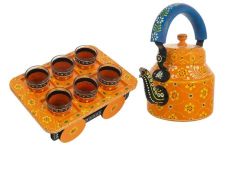 HandPainted Alluminium  Tea Kettle with 6 Glasses and Wooden Tray For Home Décor , Tea Party , Serving
