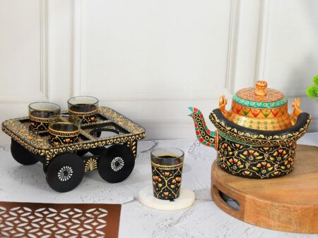 HandPainted Alluminium  Tea Kettle with Four Glasses and Wooden Tray For Home Décor , Tea Party , Serving