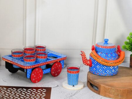 HandPainted Alluminium  Tea Kettle with 6 Glasses and Wooden Tray For Home Décor , Tea Party , Serving