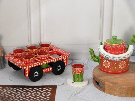 HandPainted Alluminium  Tea Kettle with 6 Glasses and Wooden Tray For Home Décor , Tea Party , Serving