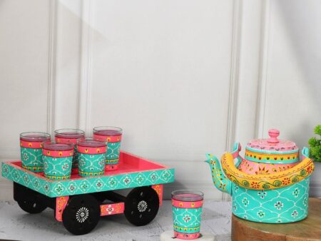 HandPainted Alluminium  Tea Kettle with 6 Glasses and Wooden Tray For Home Décor , Tea Party , Serving