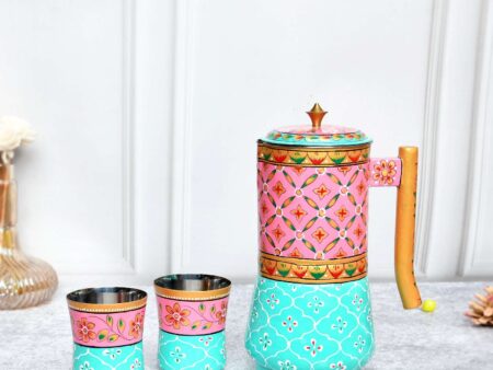Aluminium Jug Set with 2 Glass Tumblers - 21 cm for kitchen décor ,Table Top , And Home Decoration