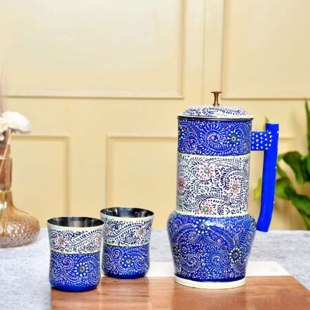 Aluminium Jug Set with 2 Glass Tumblers - 21 cm for kitchen décor ,Table Top , And Home Decoration