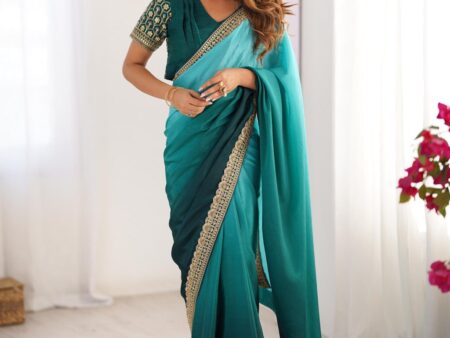 Women's Elegant Ombre Green Georgette Saree with Intricate Golden Zari & Stone Embellishments – Complete with Heavily Worked Blouse for Festive & Wedding Wear