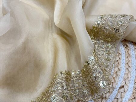Luxurious Ivory Organza Dupatta with Heavy Golden Sequin & Zari Cutwork Border – Perfect for Weddings & Festive Layering