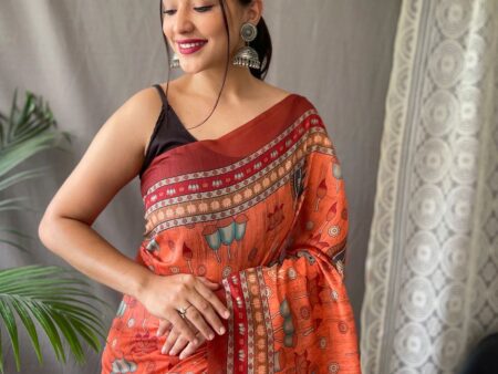 Women's Artistic Terracotta Orange Linen Saree with Kalamkari Inspired Print & Tassel Detailing – Perfect for Casual Festivities & Cultural Events