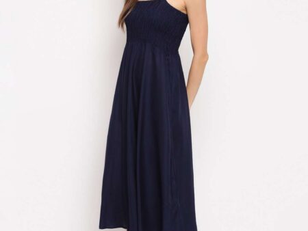 Women's Viscose Rayon Solid Shoulder Straps Sleeveless Flared Gown Drees (Dark Blue)
