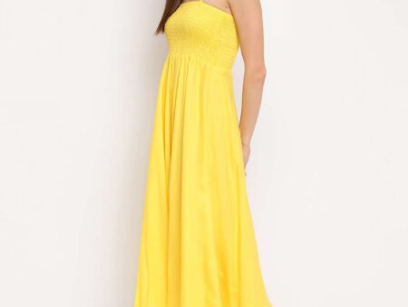 Women's Viscose Rayon Solid Shoulder Straps Sleeveless Flared Gown Drees (Yellow)