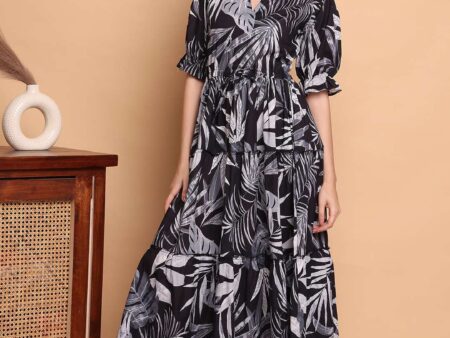 Women's Cotton Printed Fit & Flare Anarkali Gown Midi Dress(Black Leaf)