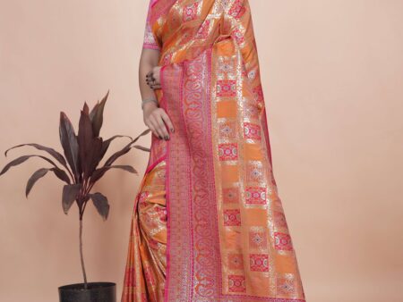 Orange & Pink Banarasi Silk Saree with Silver Zari | Wedding & Festive Saree | Traditional Banarasi Saree with Rich Contrast Pallu