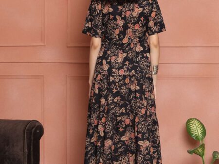 Women's Cotton Floral Print A-Line Midi Dress | Short Sleeve Flared Gown Dress