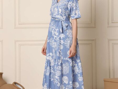 Women's Cotton Printed A-Line Midi Dress | Short Sleeve Flared Gown Dress (Sky Blue)