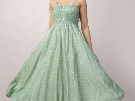 Women's Silk Printed Shoulder Straps Sleeveless Anarkali Gown Drees (GREEN-SUI)