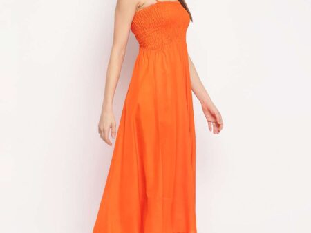 Women's Viscose Rayon Solid Shoulder Straps Sleeveless Flared Gown Drees (Orange)