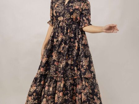 Women's Cotton Printed Fit & Flare Anarkali Gown Midi Dress(Black Rose)