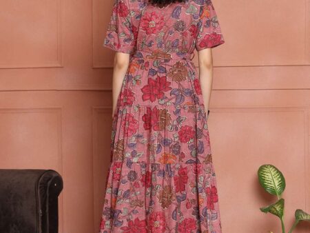 Women's Cotton Printed A-Line Midi Dress | Short Sleeve Flared Gown Dress (Pink)