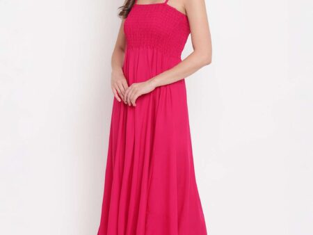 Women's Viscose Rayon Solid Shoulder Straps Sleeveless Flared Gown Drees (Pink)