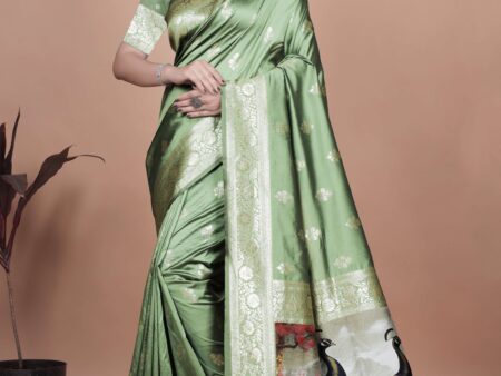Elegant Sage Green Banarasi Silk Saree with Golden Zari Motifs & Peacock Pallu | Wedding, Festive & Traditional Wear