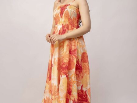 Women's Silk Printed Shoulder Straps Sleeveless Anarkali Gown Drees (Orange Leaf)