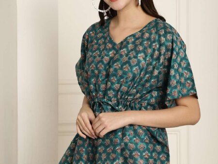 Women's Chanderi Printed Kaftan Top With Bell Sleeve Dress (Green)