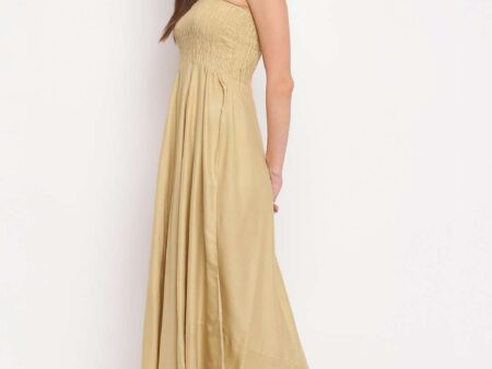 Women's Viscose Rayon Solid Shoulder Straps Sleeveless Flared Gown Drees (Beige)