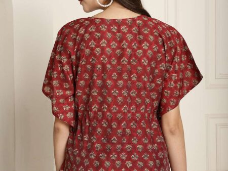 Women's Chanderi Printed Kaftan Top With Bell Sleeve Dress (Maroon)
