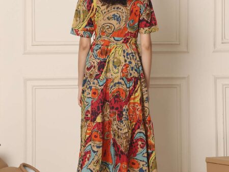 Women's Cotton Printed A-Line Midi Dress | Short Sleeve Flared Gown Dress (Multti Color1)