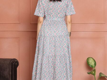 Women's Cotton Printed A-Line Midi Dress | Short Sleeve Flared Gown Dress (Grey)