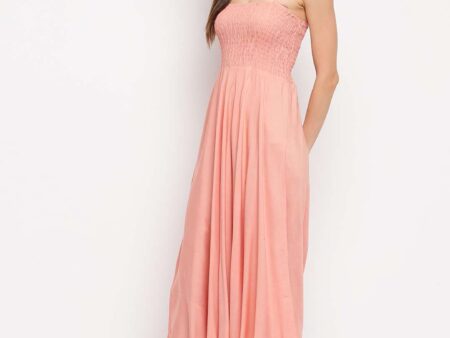 Women's Viscose Rayon Solid Shoulder Straps Sleeveless Flared Gown Drees (Peach)