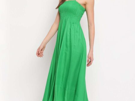 Women's Viscose Rayon Solid Shoulder Straps Sleeveless Flared Gown Drees (Green)