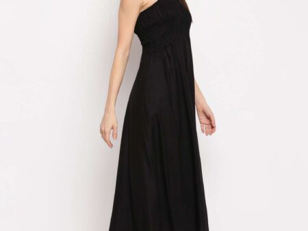 Women's Viscose Rayon Solid Shoulder Straps Sleeveless Flared Gown Drees (Black)
