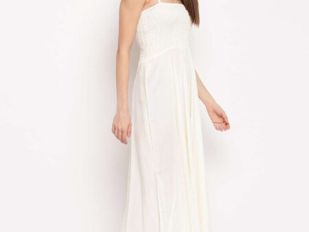 Women's Viscose Rayon Solid Shoulder Straps Sleeveless Flared Gown Drees (Cream)