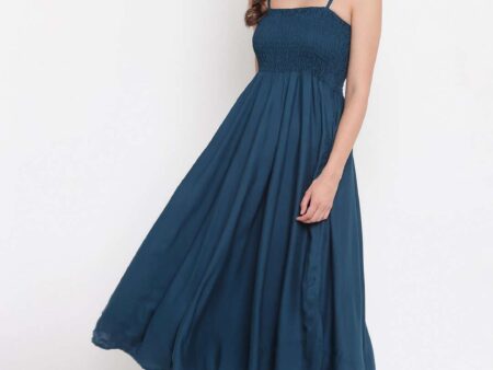 Women's Viscose Rayon Solid Shoulder Straps Sleeveless Flared Gown Drees (Teal Blue)