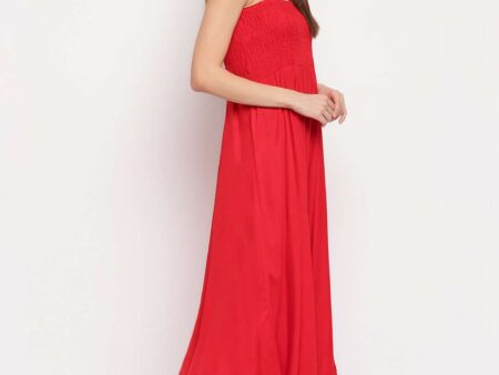 Women's Viscose Rayon Solid Shoulder Straps Sleeveless Flared Gown Drees (Red)
