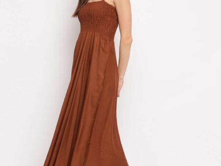 Women's Viscose Rayon Solid Shoulder Straps Sleeveless Flared Gown Drees (Brown)
