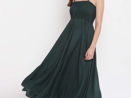 Women's Viscose Rayon Solid Shoulder Straps Sleeveless Flared Gown Drees (Green1)