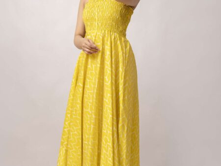Women's Silk Printed Shoulder Straps Sleeveless Anarkali Gown Drees (Yellow Sui)
