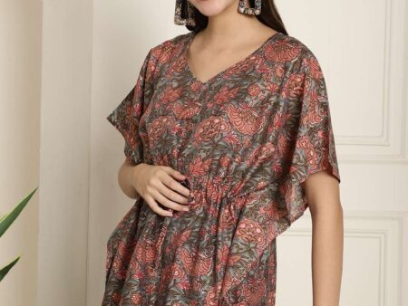 Women's Chanderi Printed Kaftan Top With Bell Sleeve Dress (Multti Color2)