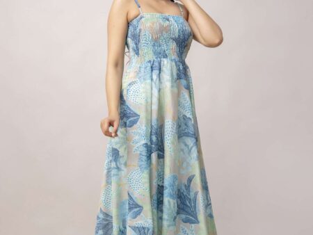 Women's Silk Printed Shoulder Straps Sleeveless Anarkali Gown Drees (Sky Blue)