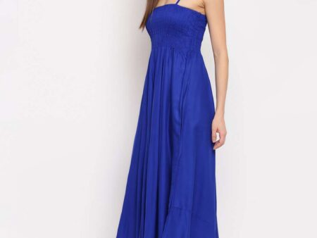 Women's Viscose Rayon Solid Shoulder Straps Sleeveless Flared Gown Drees (Royal Blue)