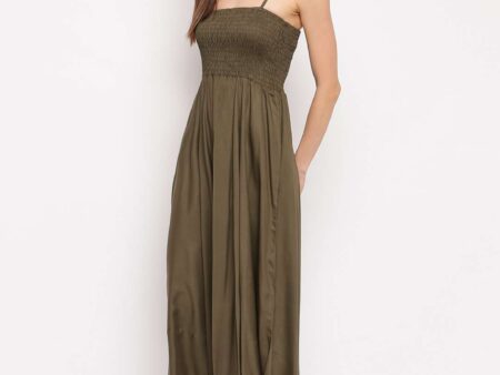 Women's Viscose Rayon Solid Shoulder Straps Sleeveless Flared Gown Drees (Olive Green)