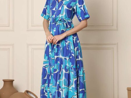Women's Cotton Printed A-Line Midi Dress | Short Sleeve Flared Gown Dress (Navy Blue)